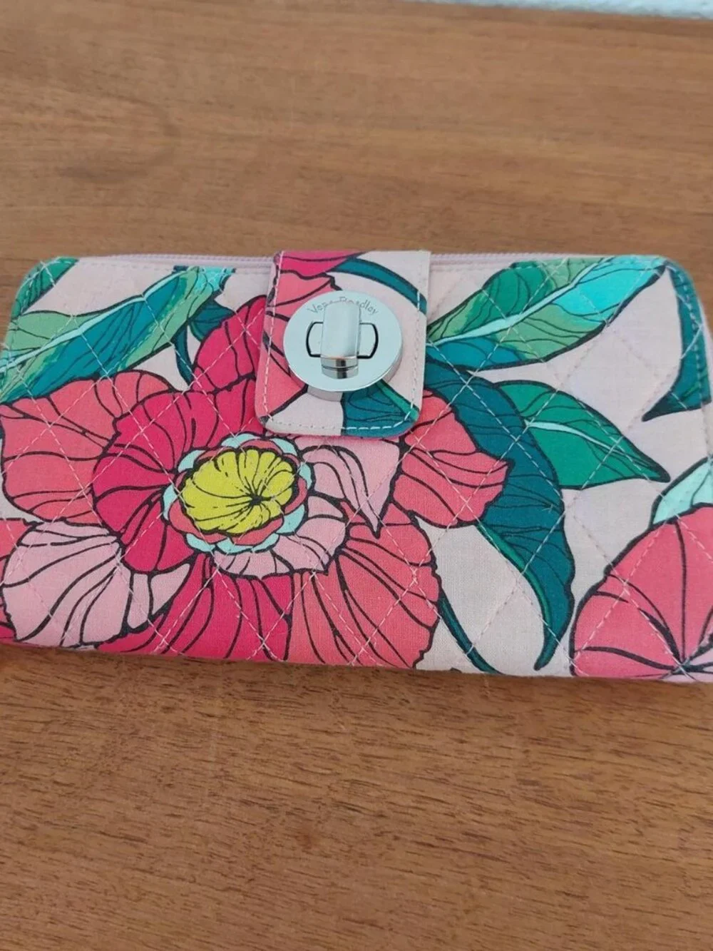 Vera Bradley pink, green, and yellow floral print wallet with quilted design #fl